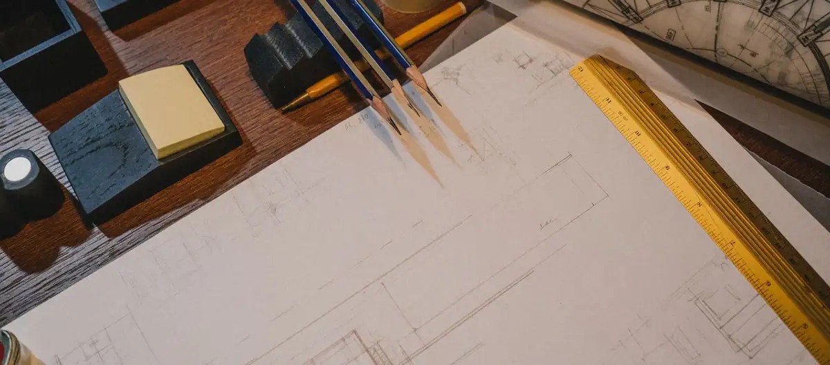 Pencil drawing, a scale ruler and a rolled plan on a design desk