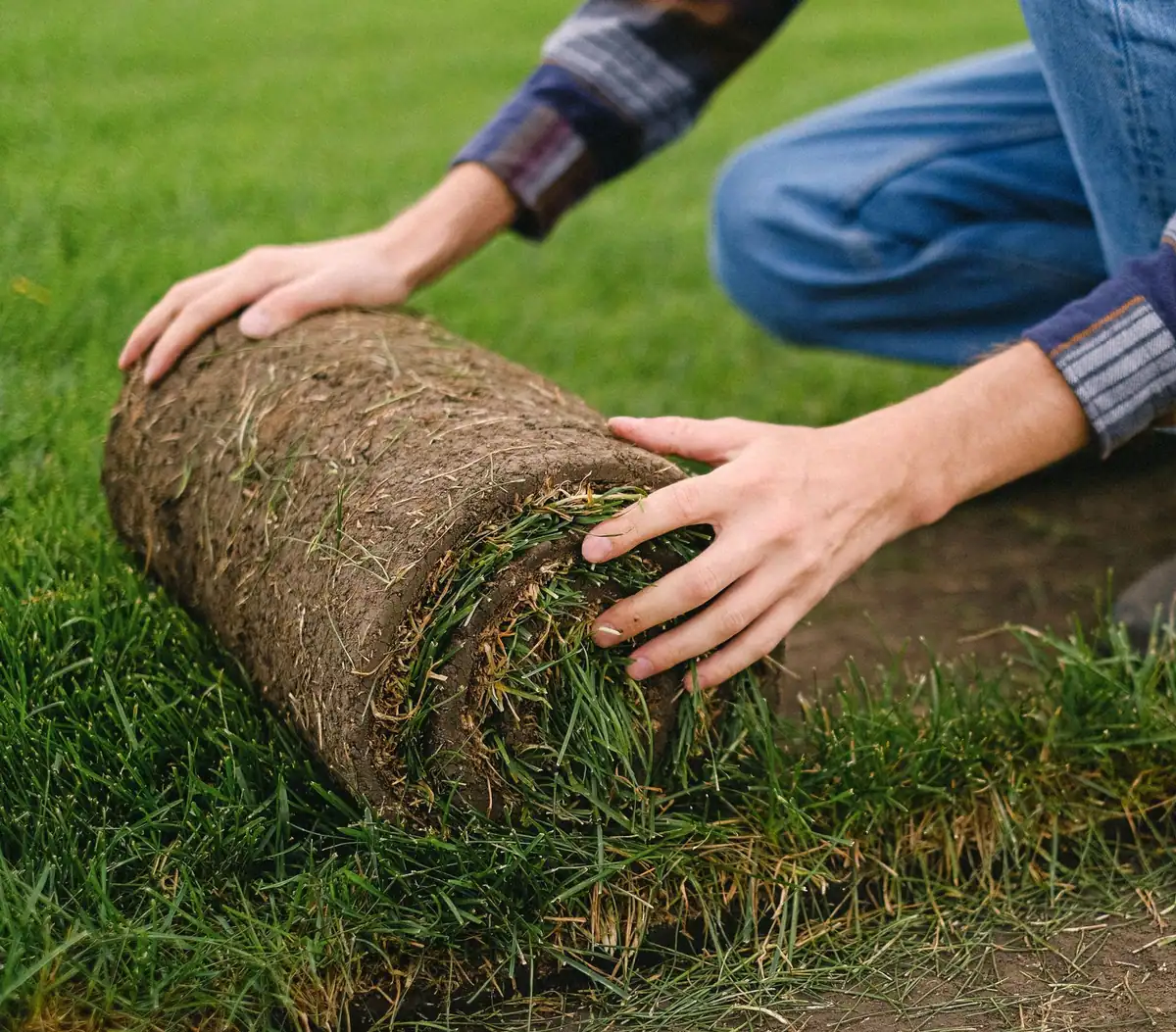 Hands unrolling fresh sod onto prepared soil