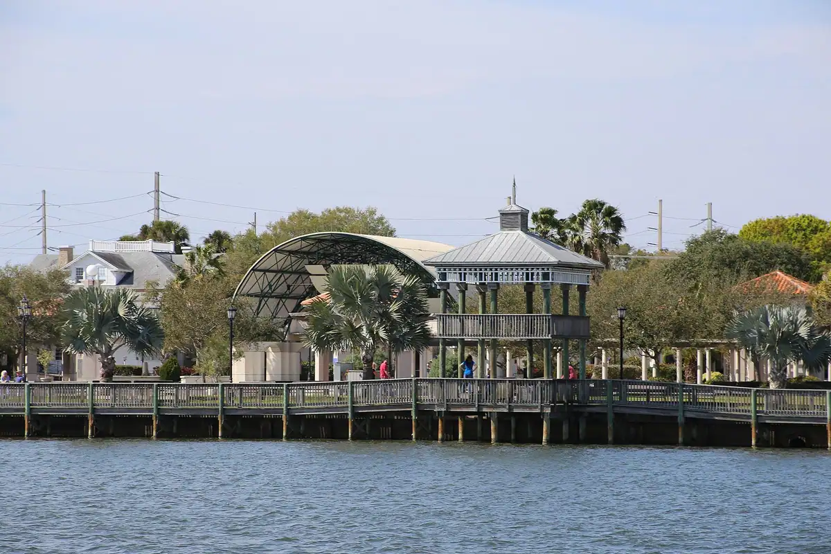 Riverfront Park boardwalk and pavilion on the Indian River in Cocoa, Florida