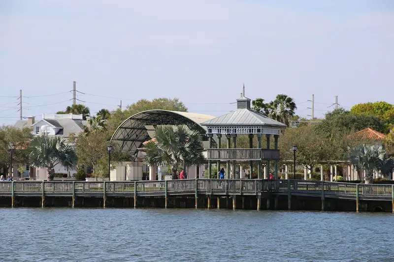 Riverfront Park boardwalk and pavilion on the Indian River in Cocoa, Florida