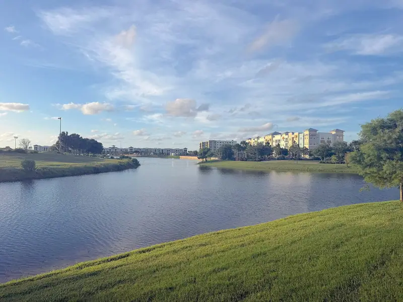 Lake and mown banks at the Viera town center, Florida